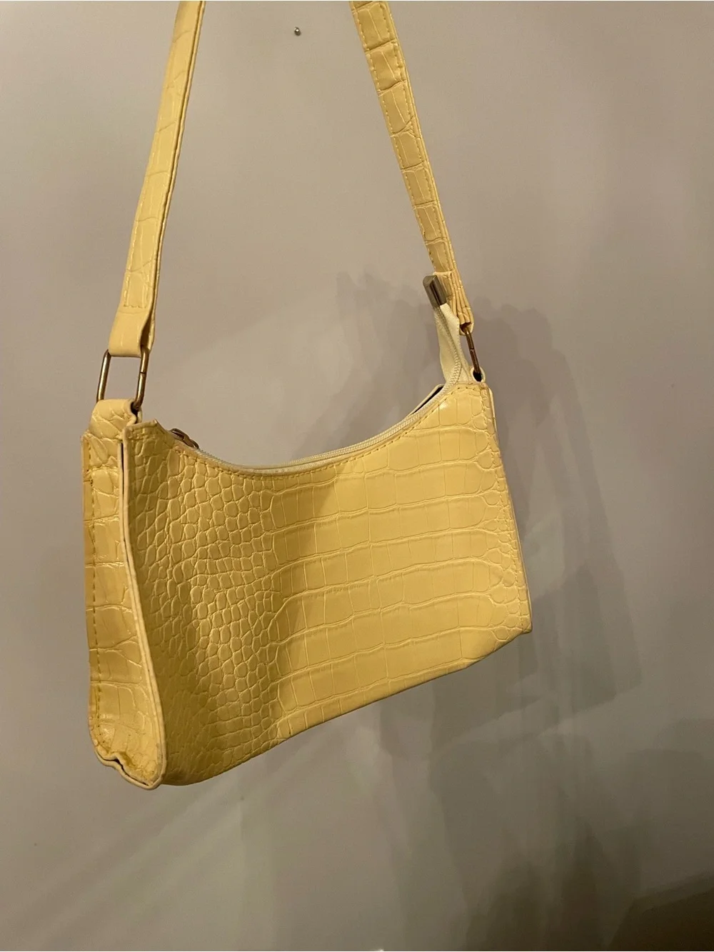 Y2K Butter Yellow Croc Embossed Baguette Shoulder Bag